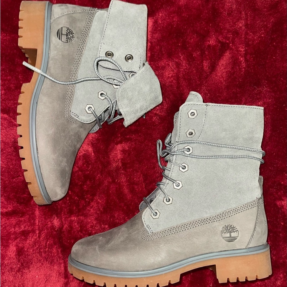 New Timberland Womens Jayne Roll Top Boots Gray Leather Fold Down Size 5.5